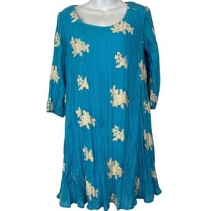 BEIGE BY ECI Embroidered Blue & Ivory Cream 3/4 Sleeve Lined Dress sz S Small